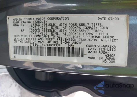 2003 Toyota 4Runner Limited V6 из США, поврежденный, VIN JTEBU17R730020334